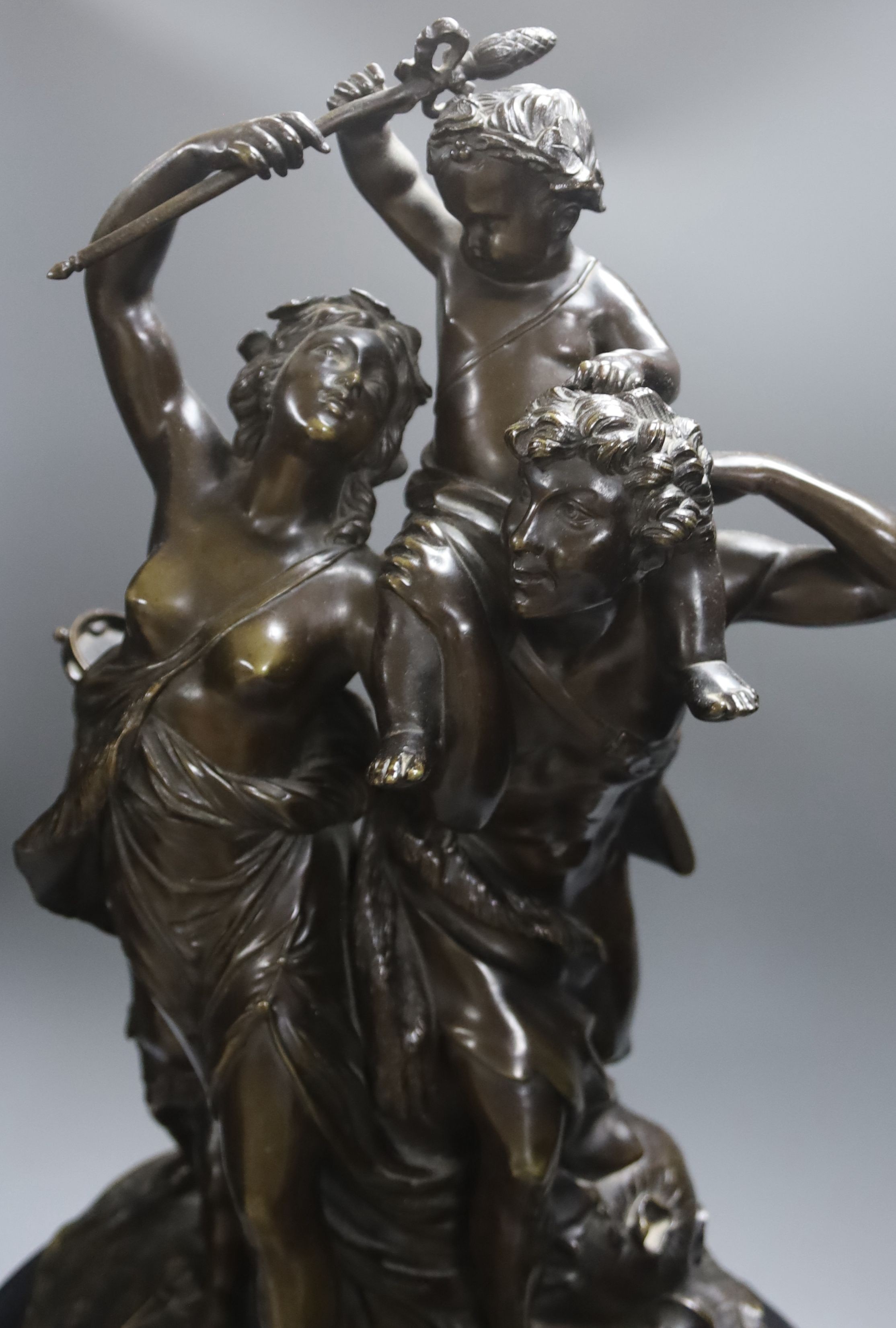 A large 19th century bronze and marble figural mantle clock, Gautier editeur foundry mark 64cm. Key and pendulum